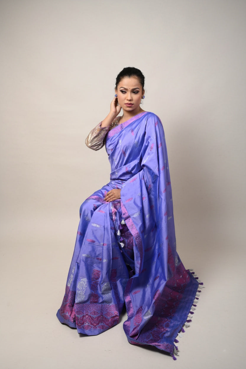 Assam Handloom Lavender & Pink Mix Pat Silk Mekhela Chador